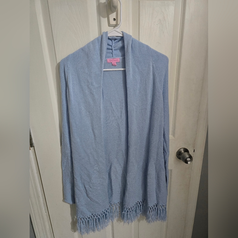 Lilly Pulitzer Womens Tatum Long Fringe Hem Cardigan Light Blue Size Small - Picture 2 of 11